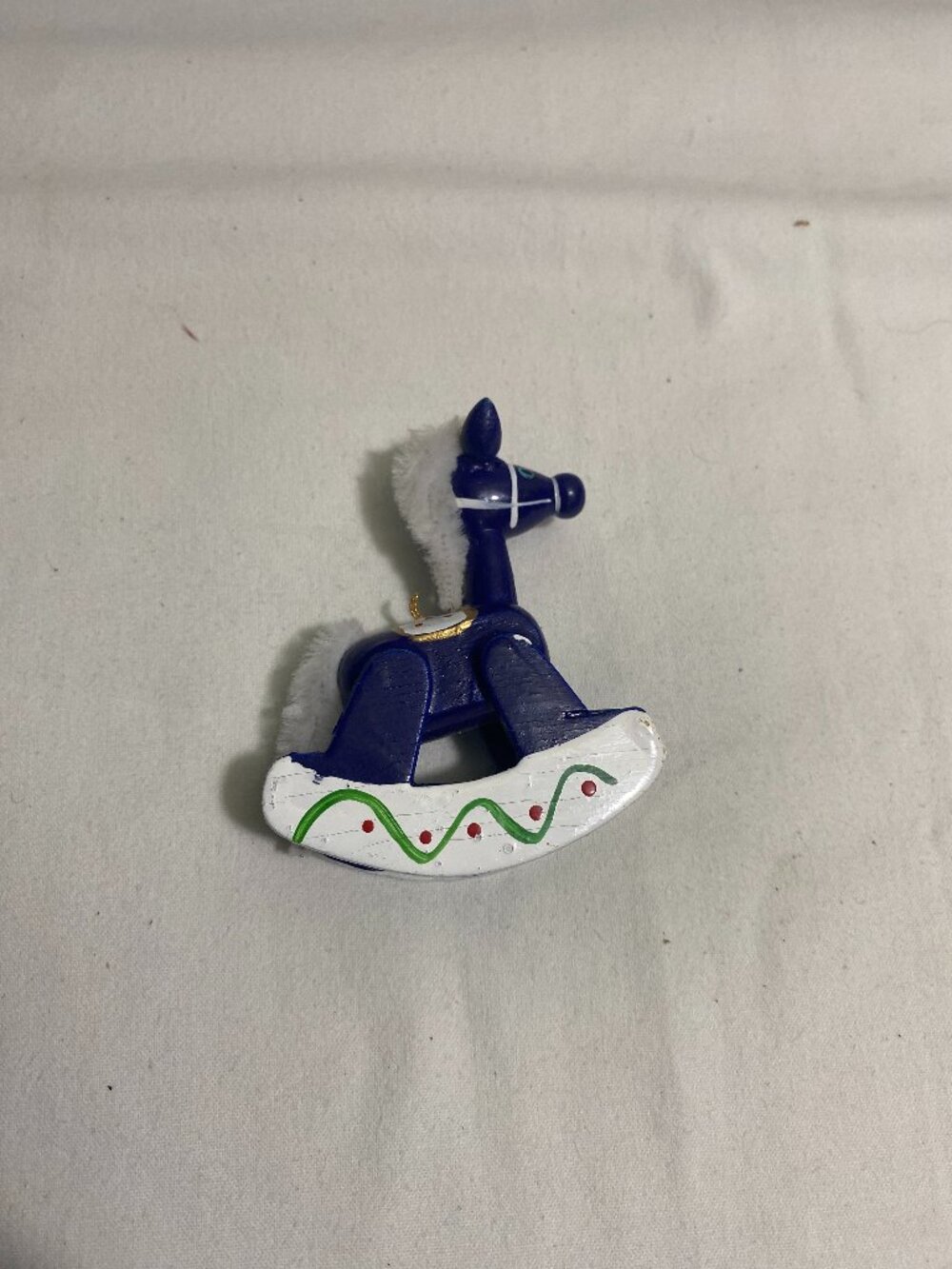 Vintage Mini Wooden Rocking Horse Christmas Ornament Blue Flocked Handmade 3"